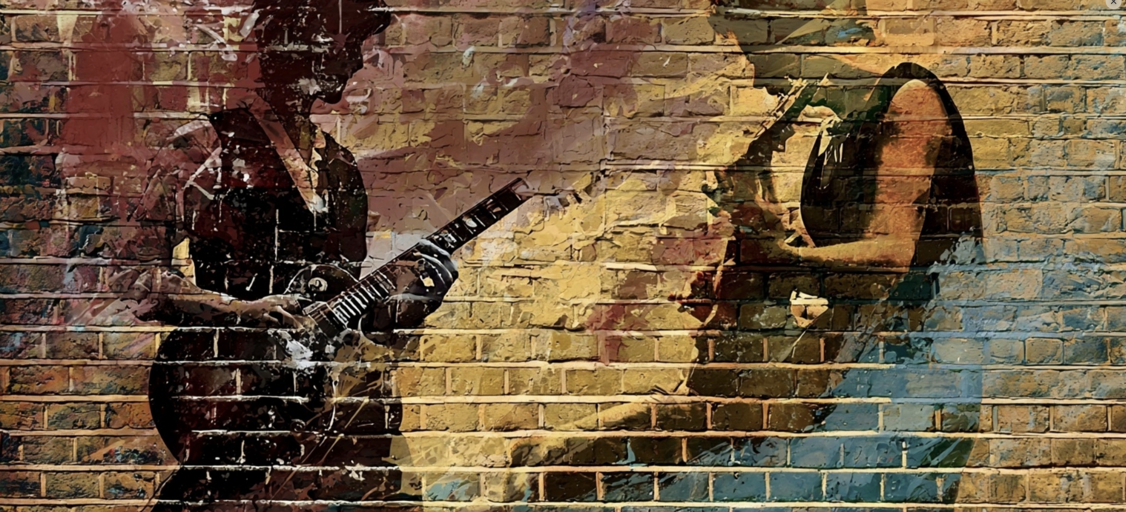 The wide shot behind the logo. Brick, a wall of guitars, a bench mid-session — something with room in the middle, because the mark sits over it.