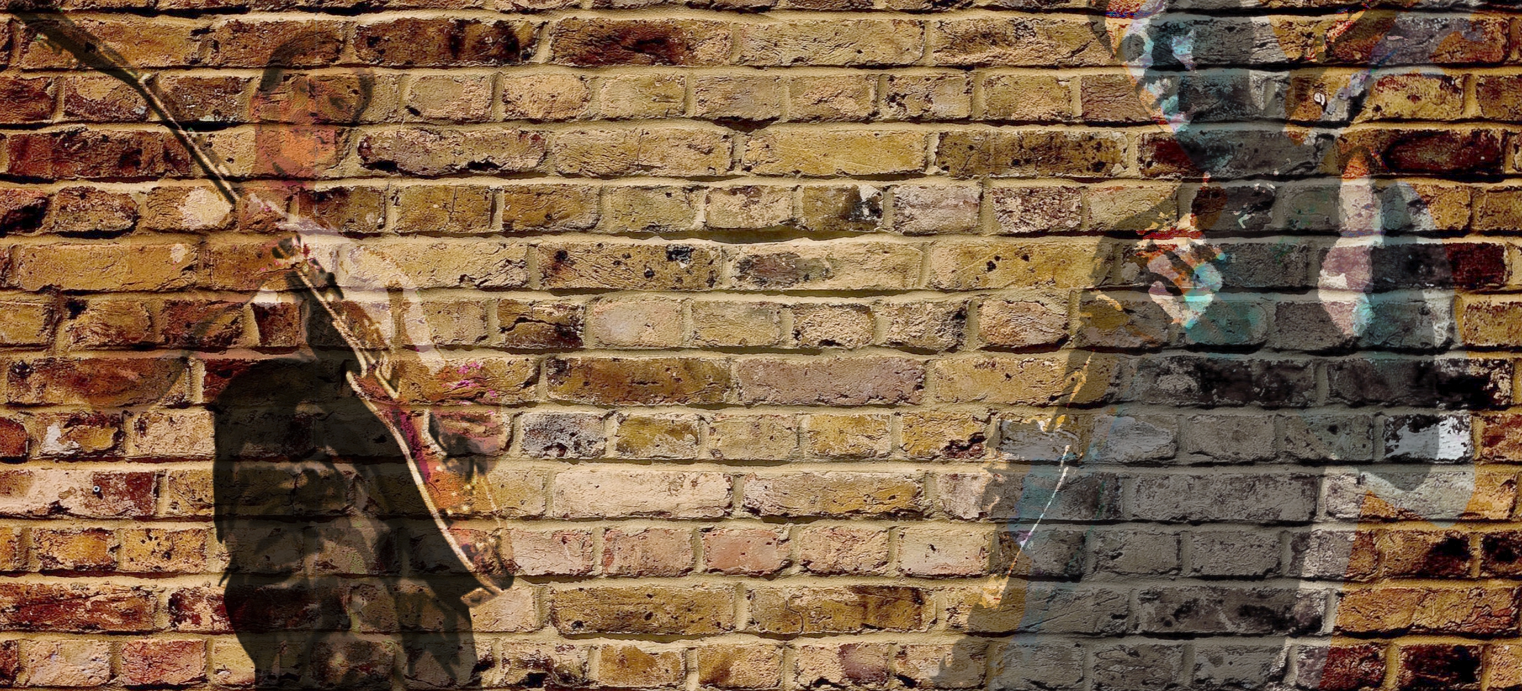 The wide shot behind the logo. Brick, a wall of guitars, a bench mid-session — something with room in the middle, because the mark sits over it.