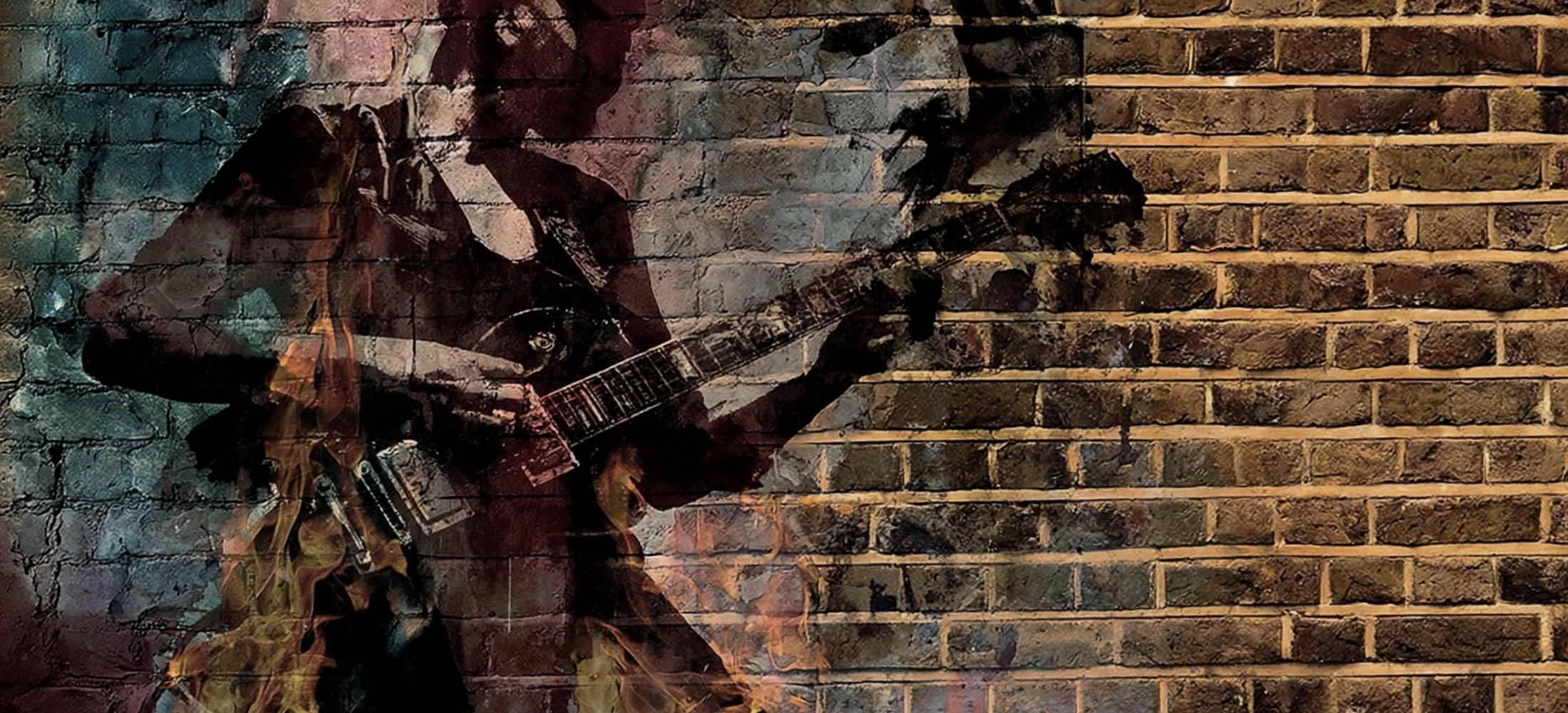 The wide shot behind the logo. Brick, a wall of guitars, a bench mid-session — something with room in the middle, because the mark sits over it.