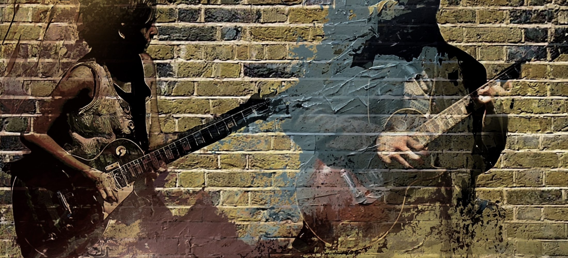 The wide shot behind the logo. Brick, a wall of guitars, a bench mid-session — something with room in the middle, because the mark sits over it.