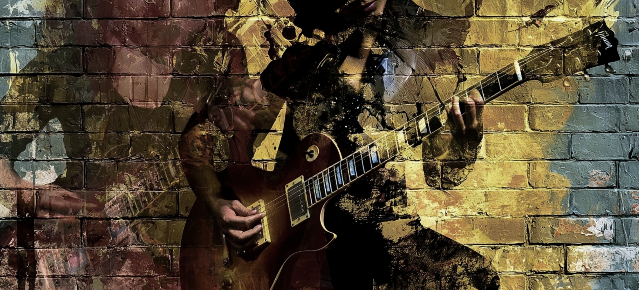 The wide shot behind the logo. Brick, a wall of guitars, a bench mid-session — something with room in the middle, because the mark sits over it.